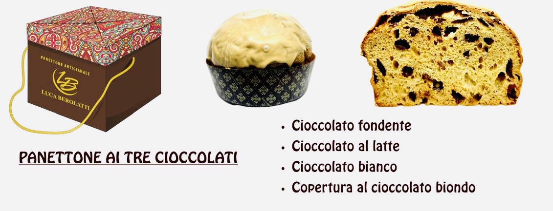 panettone ai tre cioccolati scatola, panettone e fetta di panettone ai tre cioccolati