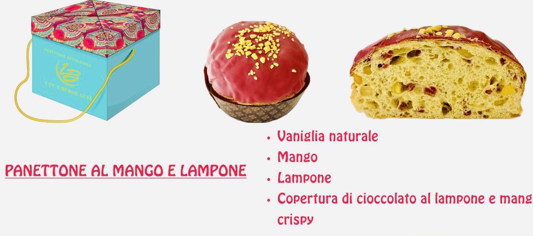 panettone al mango e lampone scatola, panettone e fetta di panettone al mango e lampone